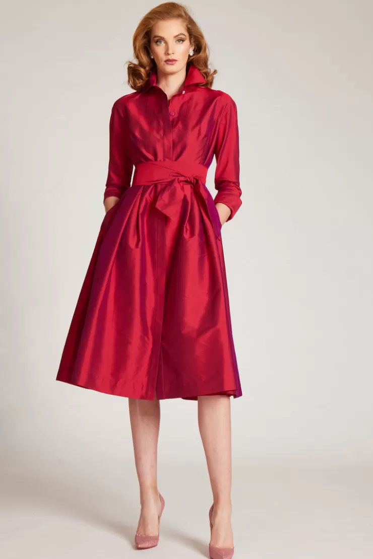 Teri Jon 3/4 Sleeve Belted Taffeta Shirt Dress