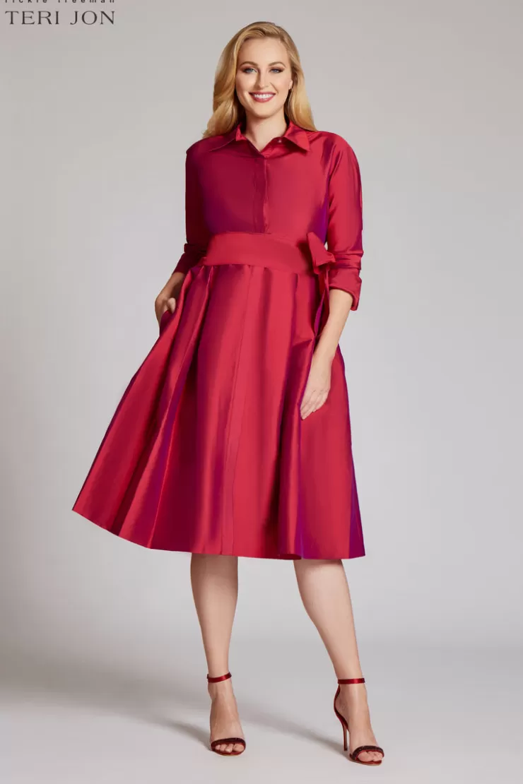 Teri Jon 3/4 Sleeve Belted Taffeta Shirt Dress