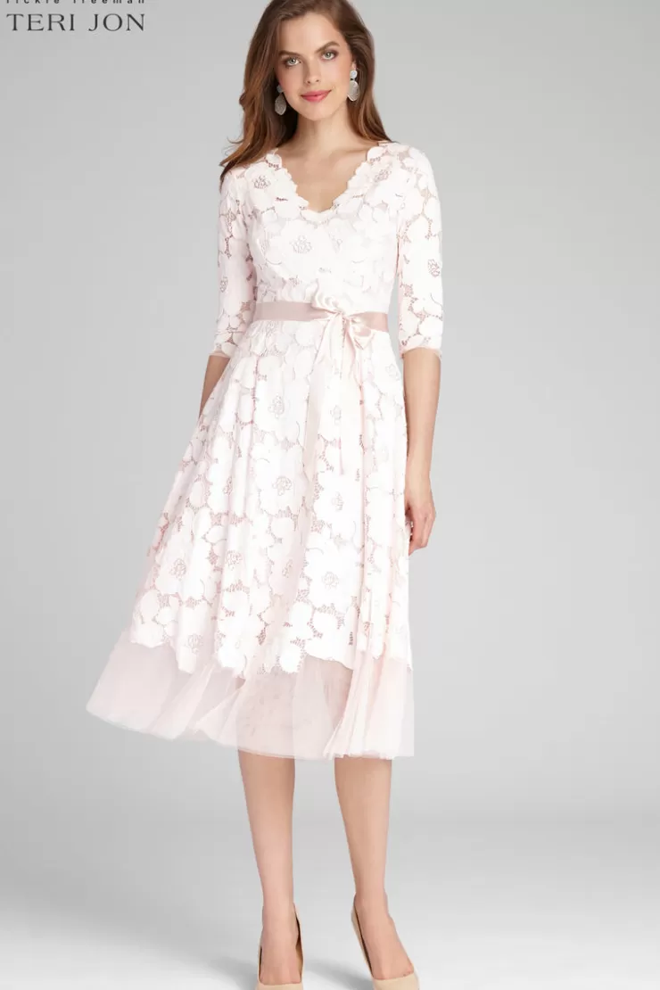 Teri Jon 3/4 Sleeve Lace and Tulle Fit And Flare Dress