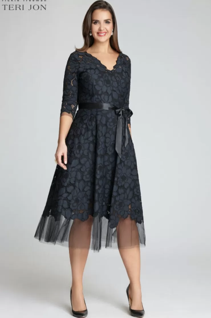 Teri Jon 3/4 Sleeve Lace and Tulle Fit And Flare Dress