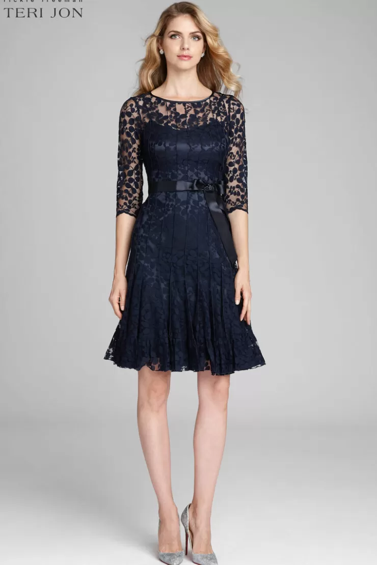 Teri Jon 3/4 Sleeve Lace Fit And Flare Dress with Bow