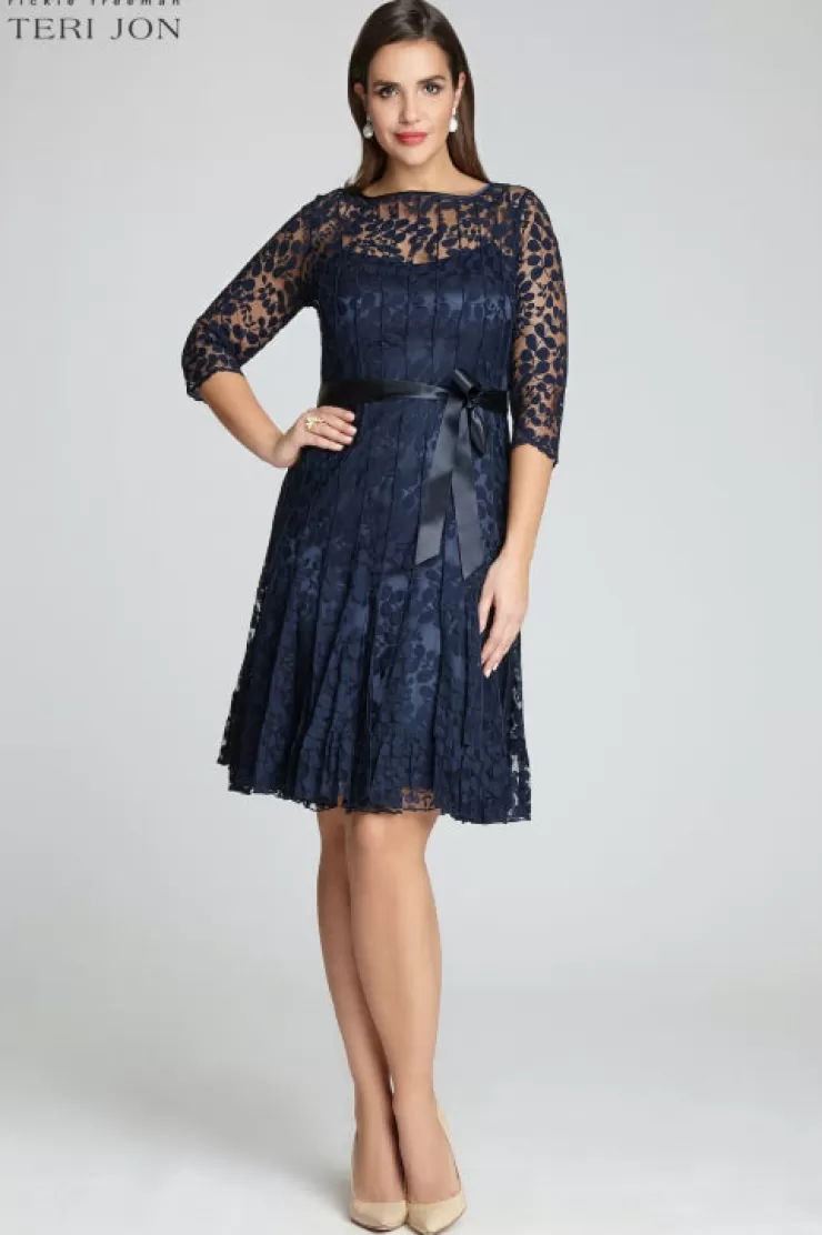 Teri Jon 3/4 Sleeve Lace Fit And Flare Dress with Bow