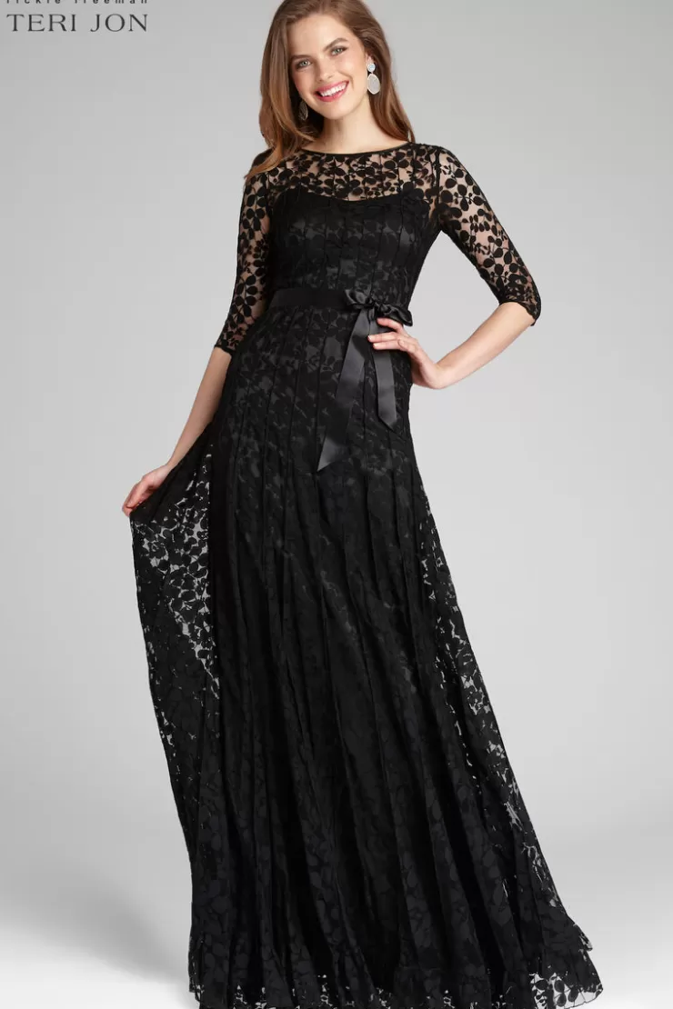 Teri Jon 3/4 Sleeve Lace Illusion Gown with Bow