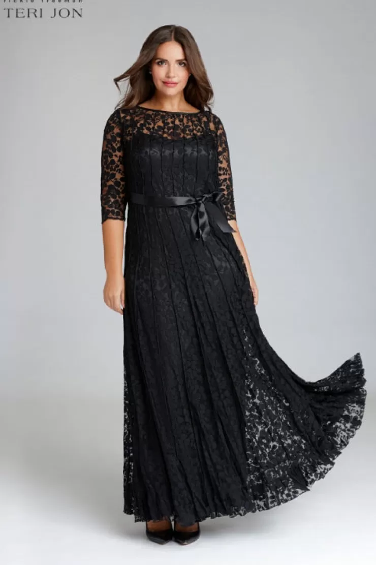 Teri Jon 3/4 Sleeve Lace Illusion Gown with Bow