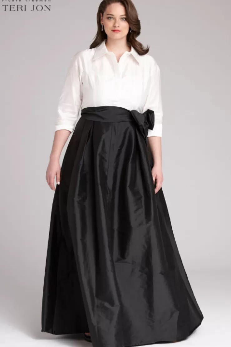 Teri Jon 3/4 Sleeve Taffeta Shirt Waist Color Block Gown