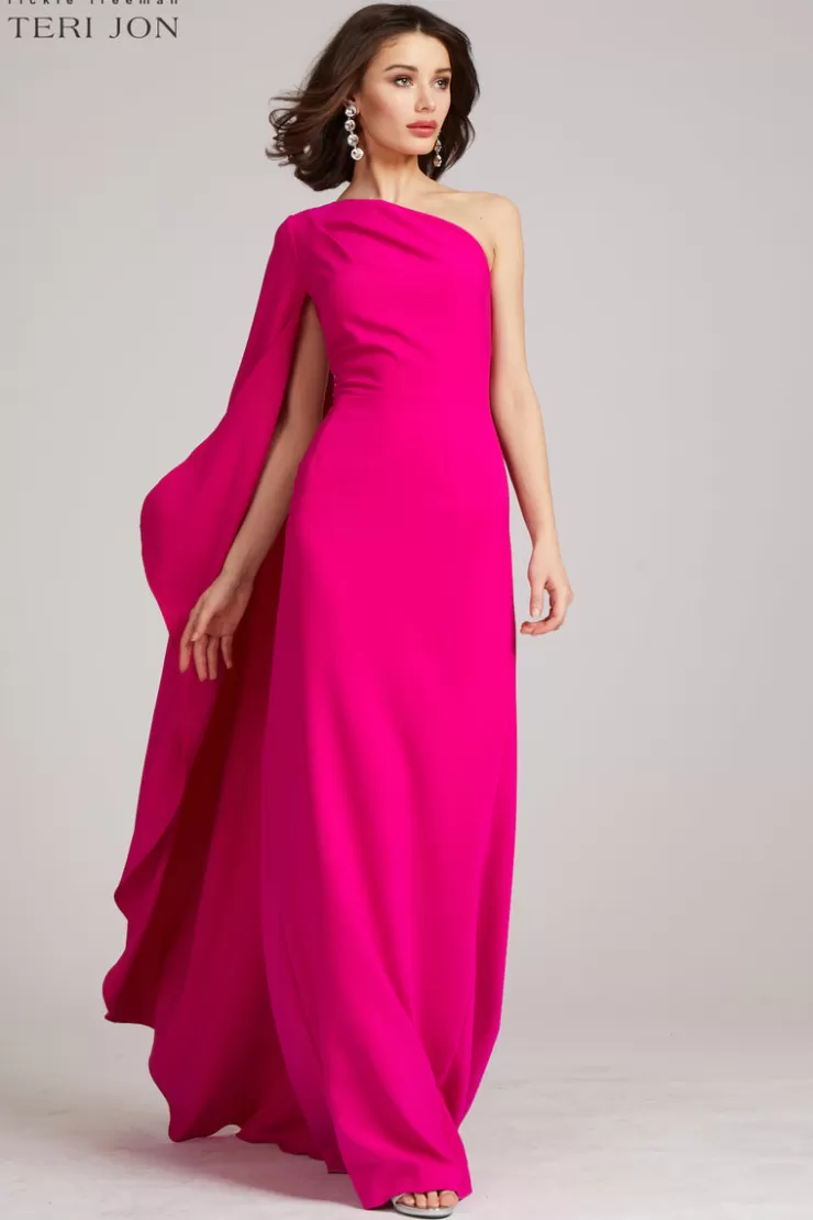 Teri Jon Stretch Crepe Cape One Shoulder Sleeve Gown