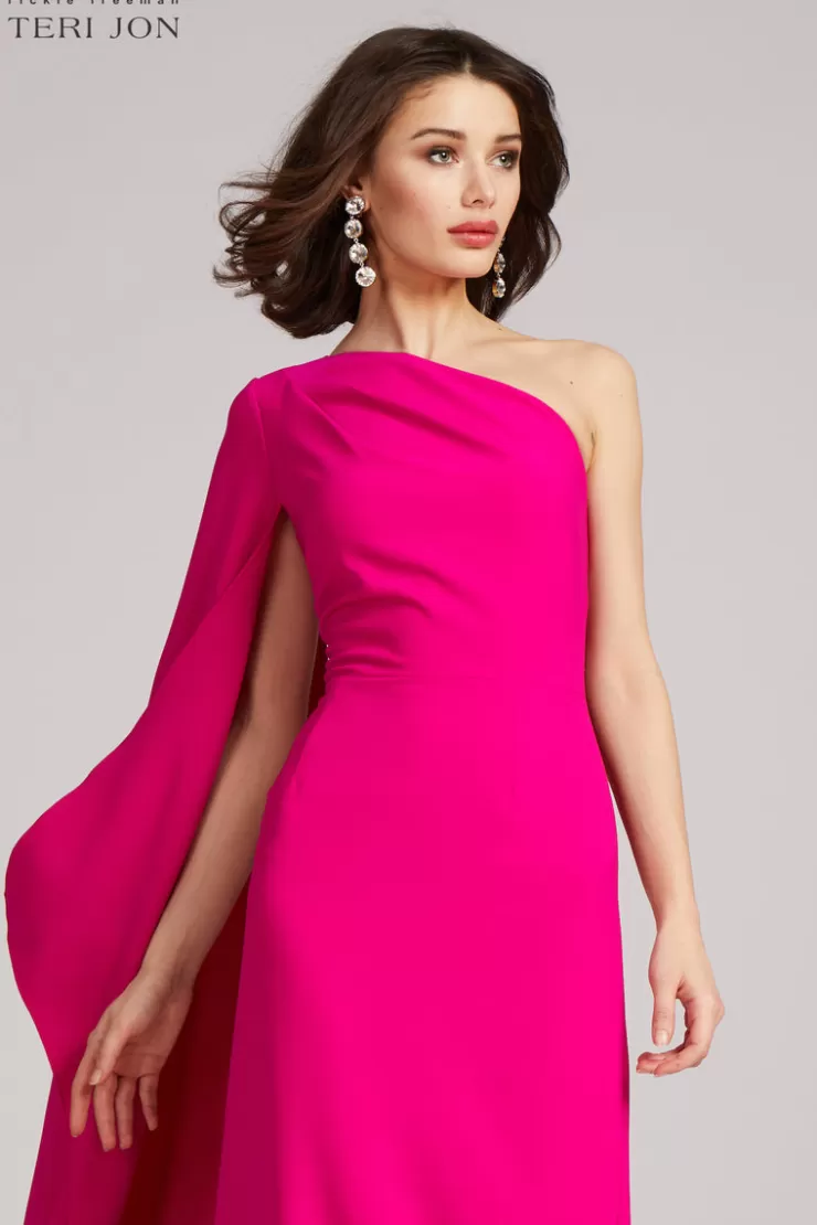 Teri Jon Stretch Crepe Cape One Shoulder Sleeve Gown