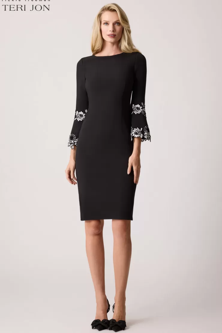 Teri Jon Stretch Crepe Lace Trim Flounce Sleeve Dress