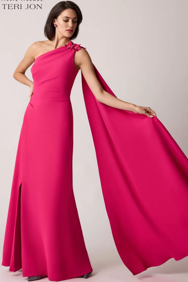 Teri Jon Stretch Crepe One Flower Shoulder Gown