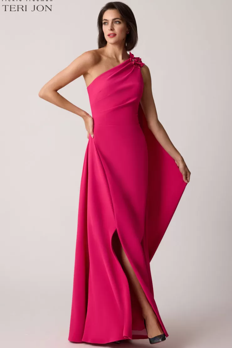 Teri Jon Stretch Crepe One Flower Shoulder Gown