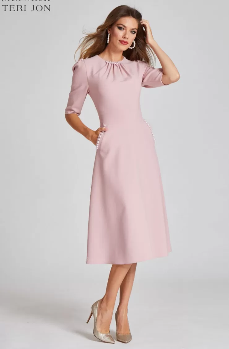 Teri Jon Stretch Crepe Pearl Trim Cocktail Dress