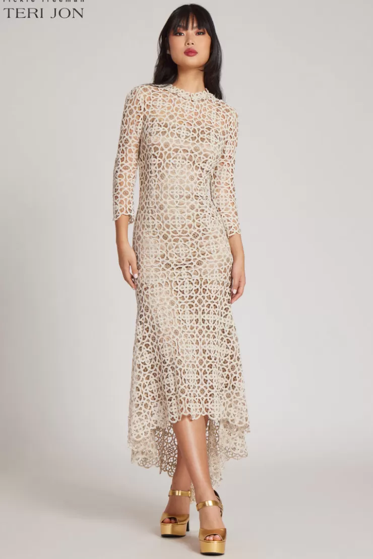 Teri Jon Stretch Crochet 3/4 Sleeve High Low Hem Dress