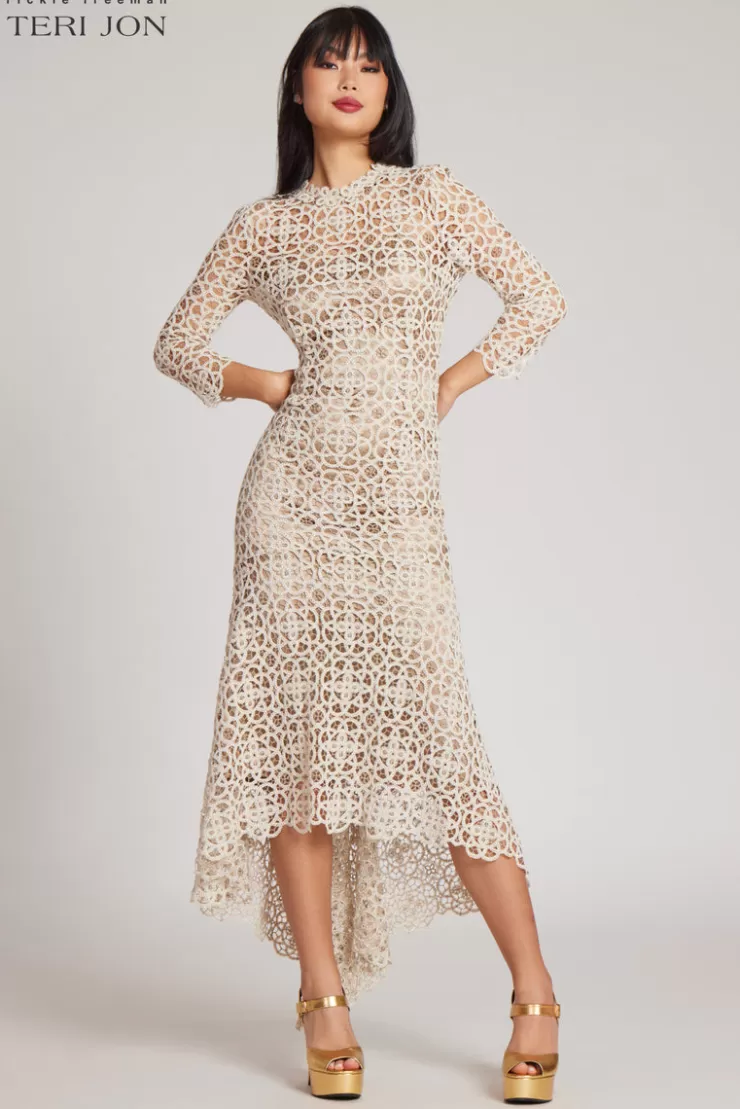 Teri Jon Stretch Crochet 3/4 Sleeve High Low Hem Dress