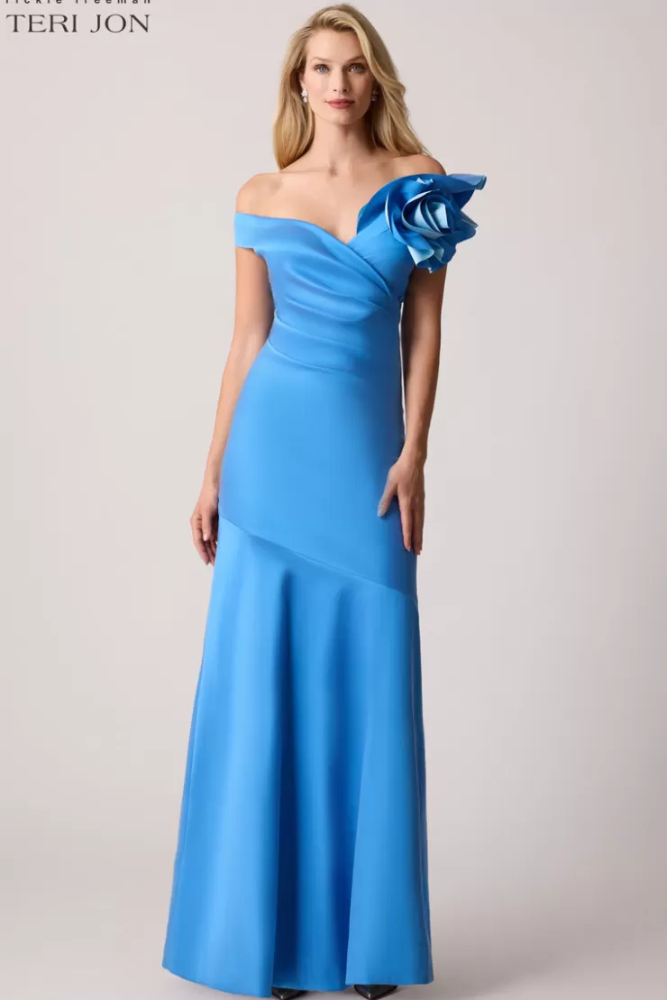 Teri Jon Stretch Gazar Off the Shoulder Side Drape Gown