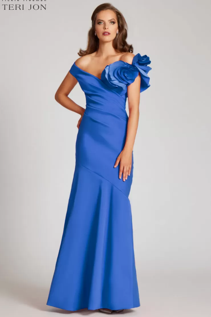 Teri Jon Stretch Gazar Off the Shoulder Side Drape Gown