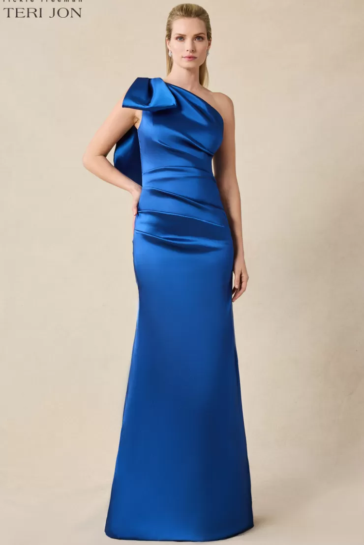 Teri Jon Stretch Gazar One Shoulder Bow Evening Gown