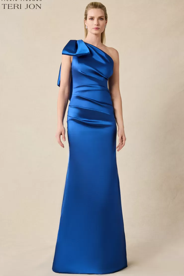 Teri Jon Stretch Gazar One Shoulder Bow Evening Gown