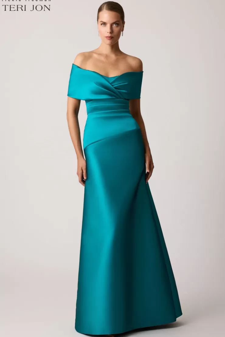 Teri Jon Stretch Mikado Off Shoulder Ruched Gown