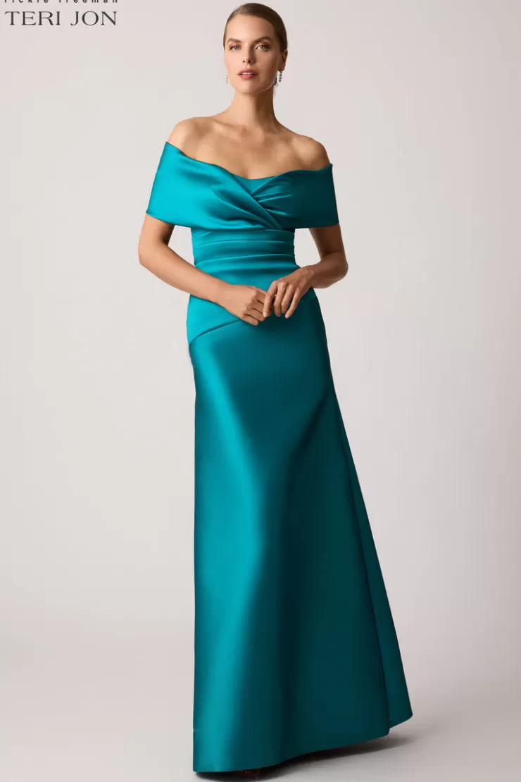 Teri Jon Stretch Mikado Off Shoulder Ruched Gown