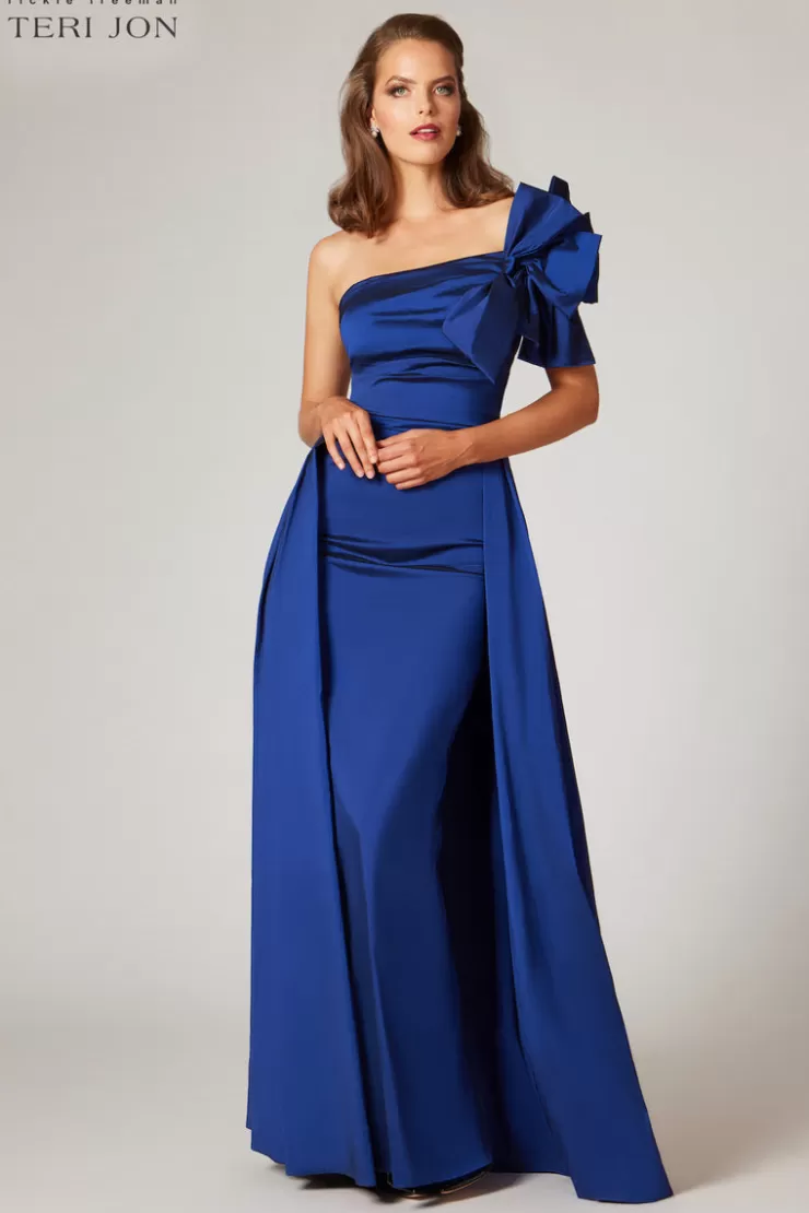 Teri Jon Stretch Taffeta One Shoulder Bow Trim Side