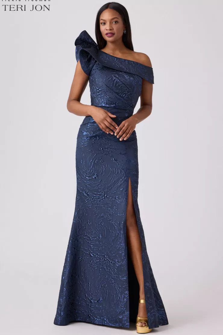 Teri Jon Swirl Jacquard Ruffle Gown