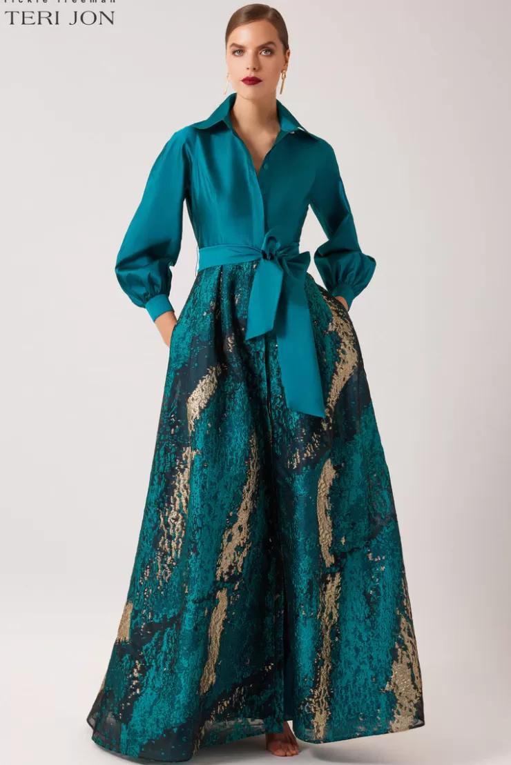 Teri Jon Taffeta and Metallic Jacquard Shirt Waist Gown