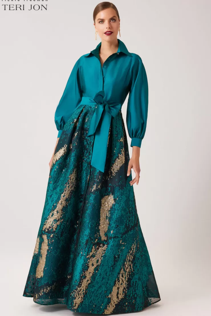 Teri Jon Taffeta and Metallic Jacquard Shirt Waist Gown