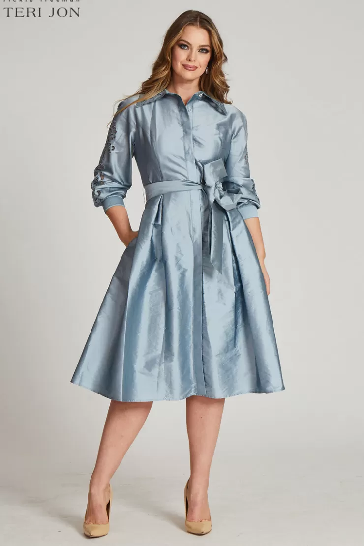 Teri Jon Taffeta Eyelet Collar and Sleeve Shirt Dress