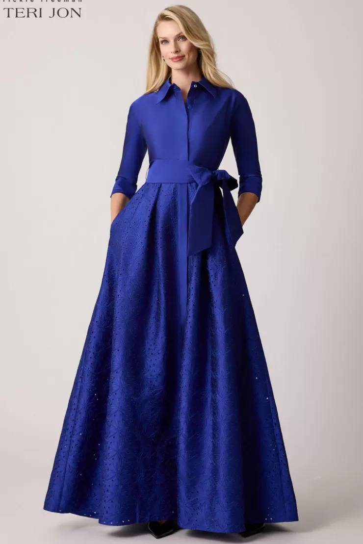 Teri Jon Taffeta Eyelet Shirt Waist Gown