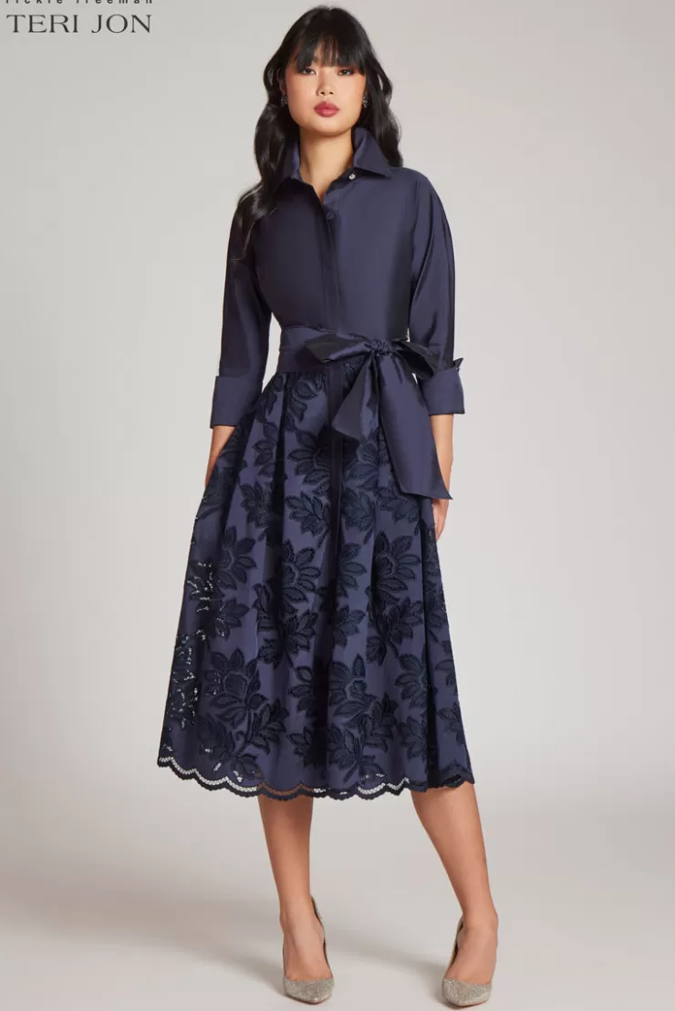 Teri Jon Taffeta Floral Eyelet Shirt Dress