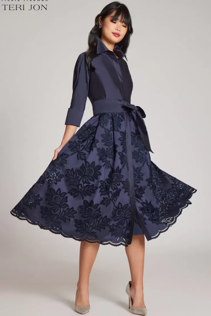 Teri Jon Taffeta Floral Eyelet Shirt Dress