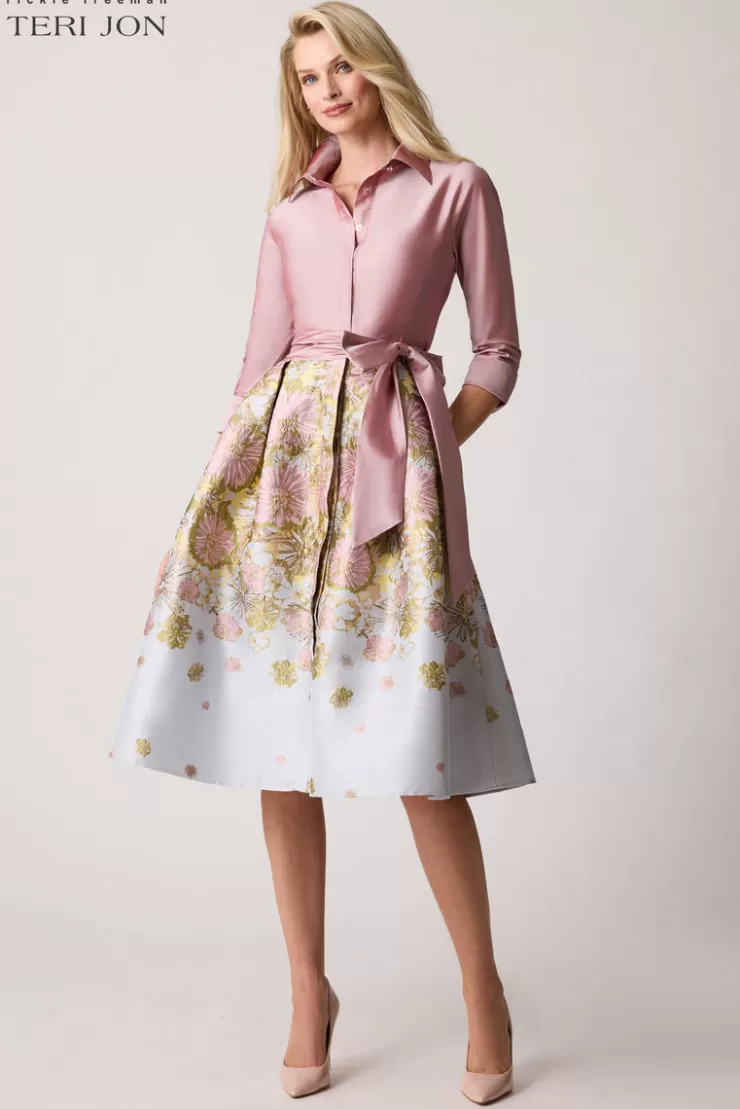 Teri Jon Taffeta Floral Jacquard Shirt Dress