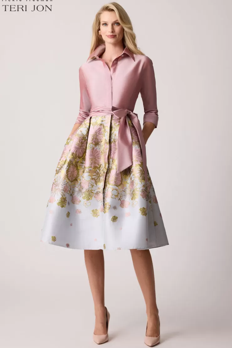 Teri Jon Taffeta Floral Jacquard Shirt Dress