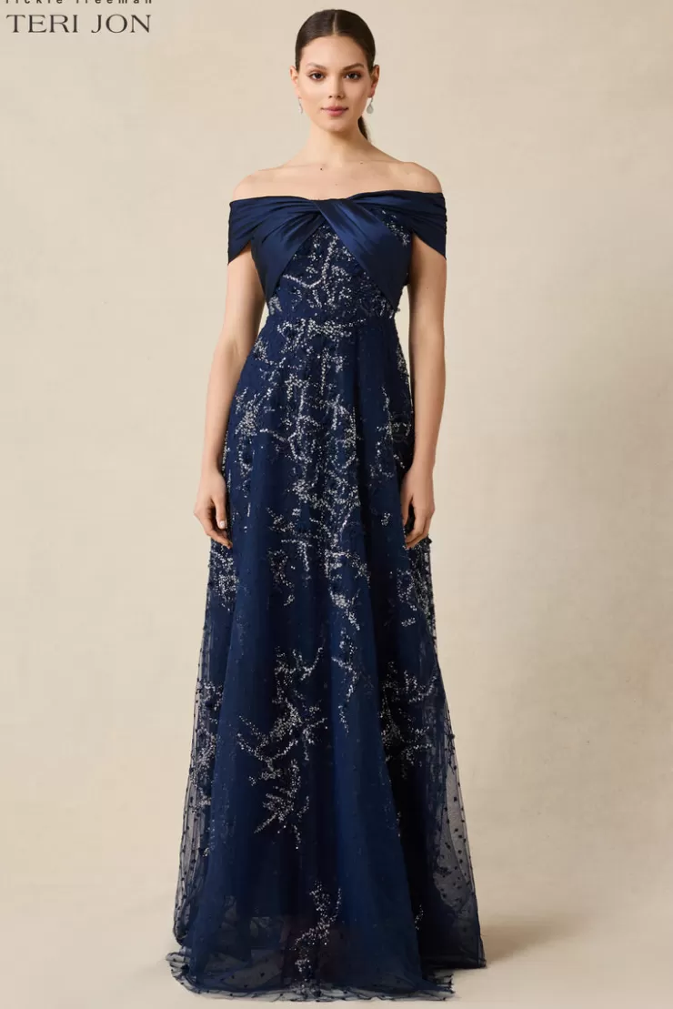 Teri Jon Taffeta Off Shoulder Twist Beaded Tulle Gown