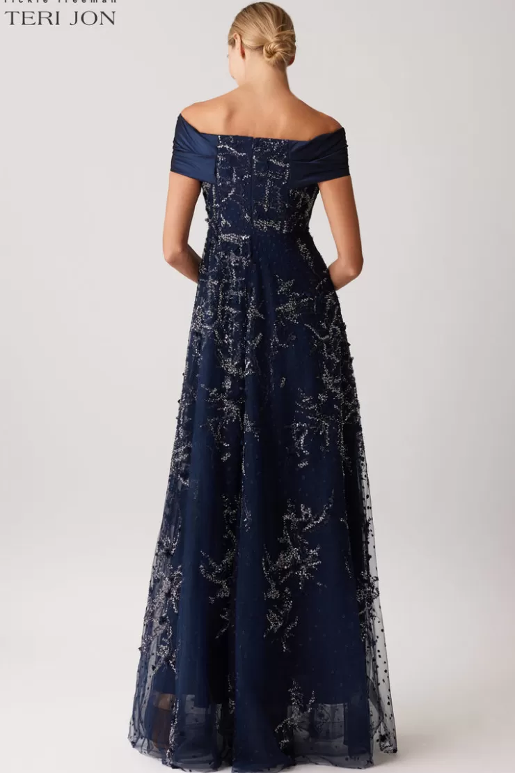 Teri Jon Taffeta Off Shoulder Twist Beaded Tulle Gown