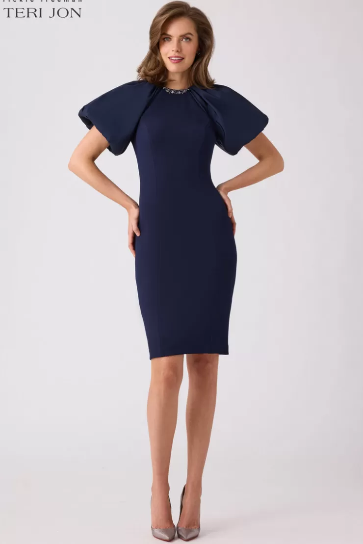 Teri Jon Taffeta Puff Sleeve Crepe Sheath Dress