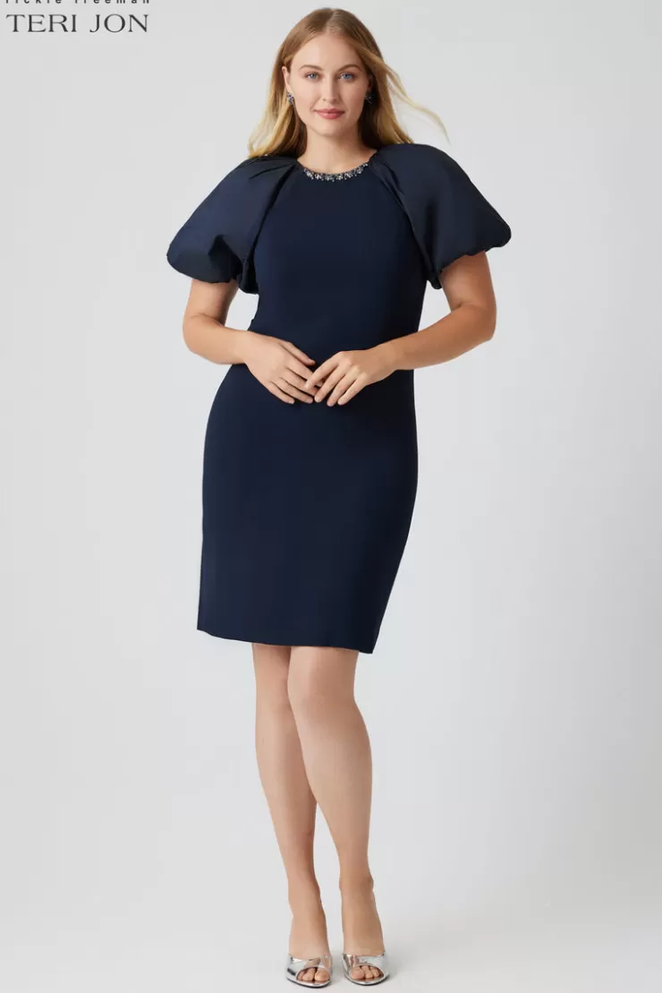 Teri Jon Taffeta Puff Sleeve Crepe Sheath Dress