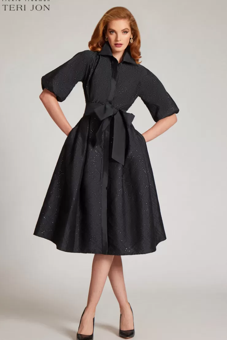 Teri Jon Taffeta Sequin Embellished Puff Sleeve Dress