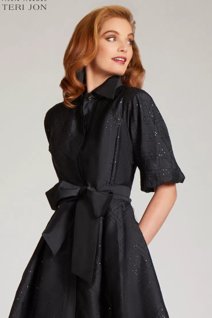 Teri Jon Taffeta Sequin Embellished Puff Sleeve Dress