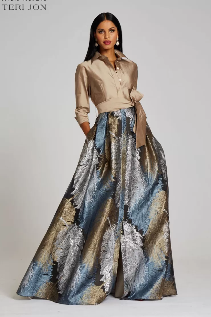 Teri Jon Taffeta Shirt Gown With Feather Pattern