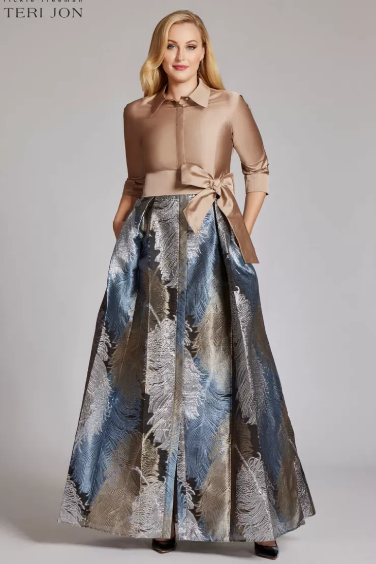 Teri Jon Taffeta Shirt Gown With Feather Pattern