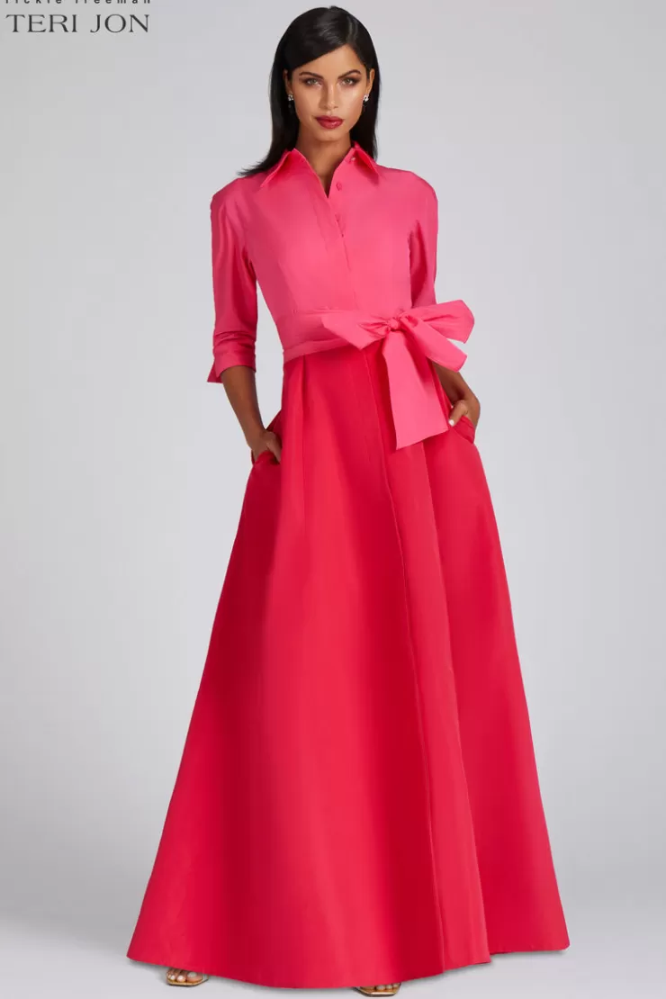Teri Jon Taffeta Shirt Waist Gown In Fuchsia