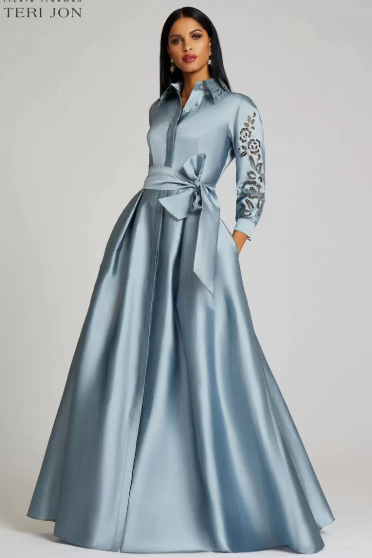 Teri Jon Taffeta Shirtdress Gown With Eyelet Sleeve and Collar