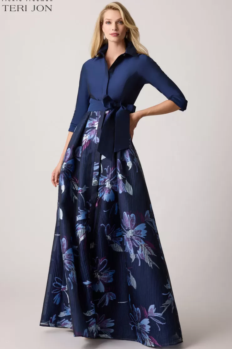 Teri Jon Taffeta Textured Floral Organza Gown