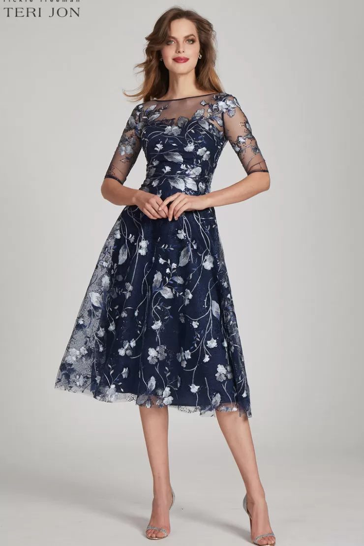 Teri Jon Tea Length Embroidered Tulle Cocktail Dress