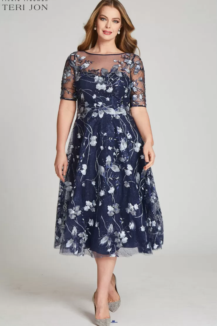 Teri Jon Tea Length Embroidered Tulle Cocktail Dress