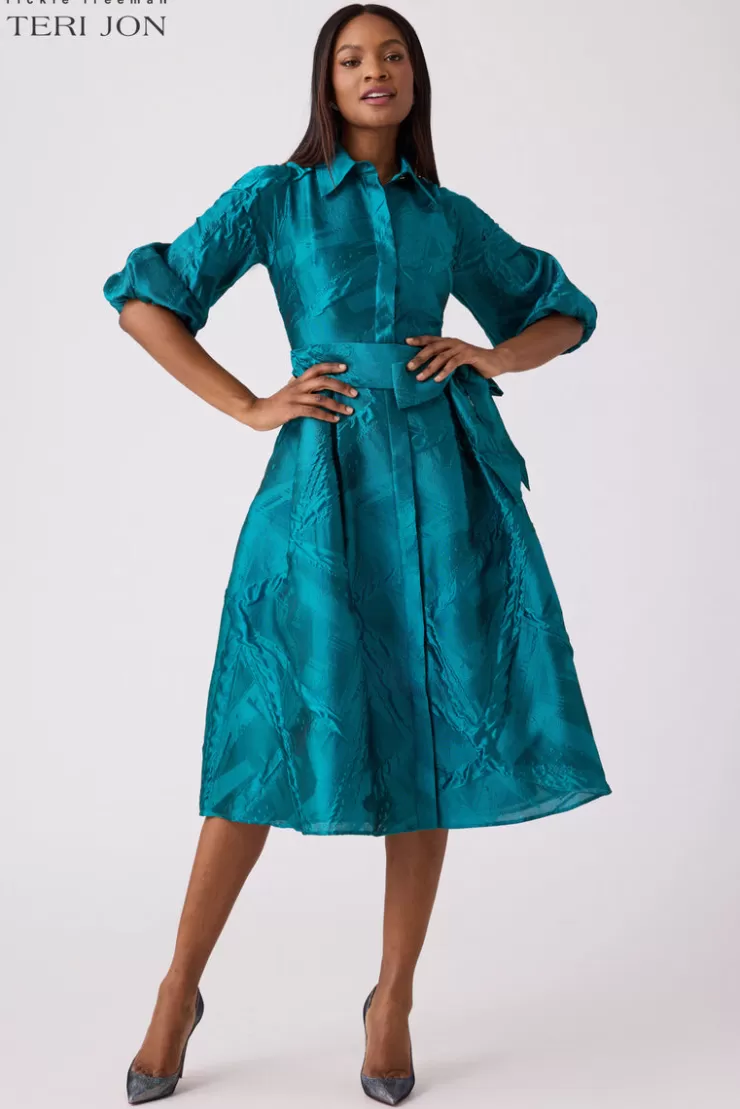 Teri Jon Textured Jacquard Balloon Sleeve Shirt Dress