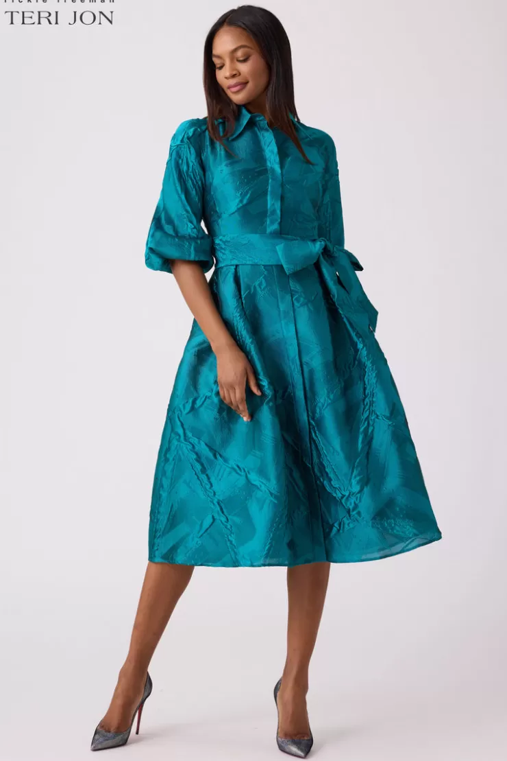 Teri Jon Textured Jacquard Balloon Sleeve Shirt Dress