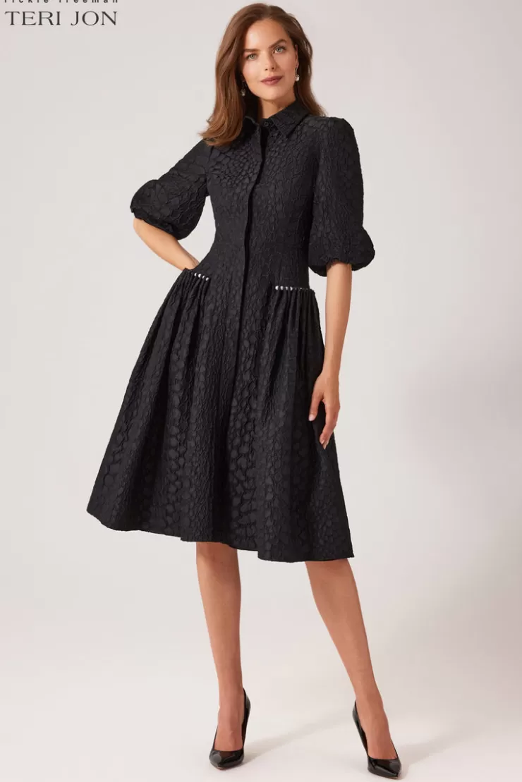 Teri Jon Tonal Jacquard Pearl Trim Puff Sleeve Shirt Dress