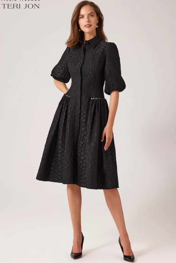 Teri Jon Tonal Jacquard Pearl Trim Puff Sleeve Shirt Dress